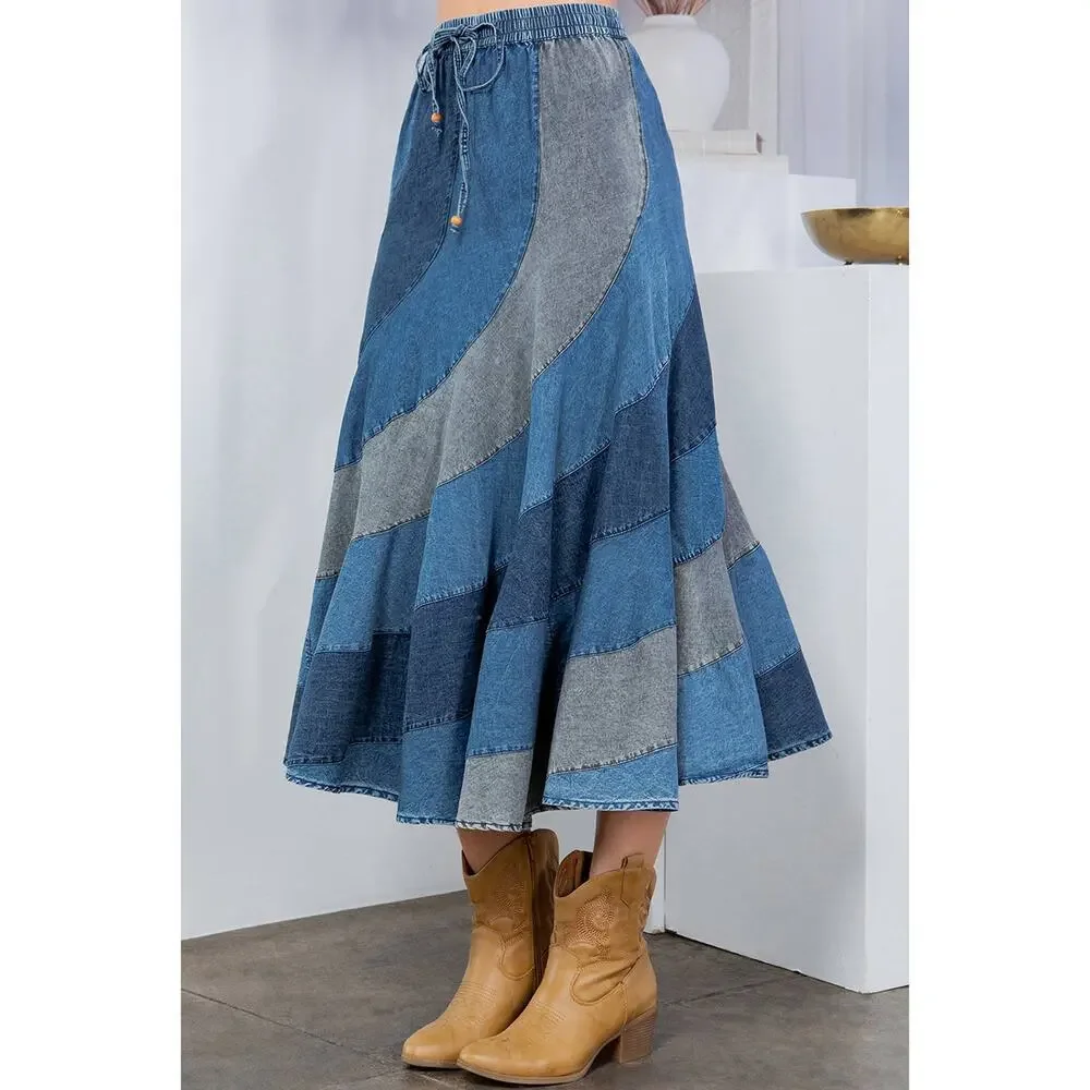 Young Threads Mid-Length Denim Skirt With Asymmetrical Panels - Picture 4 of 7